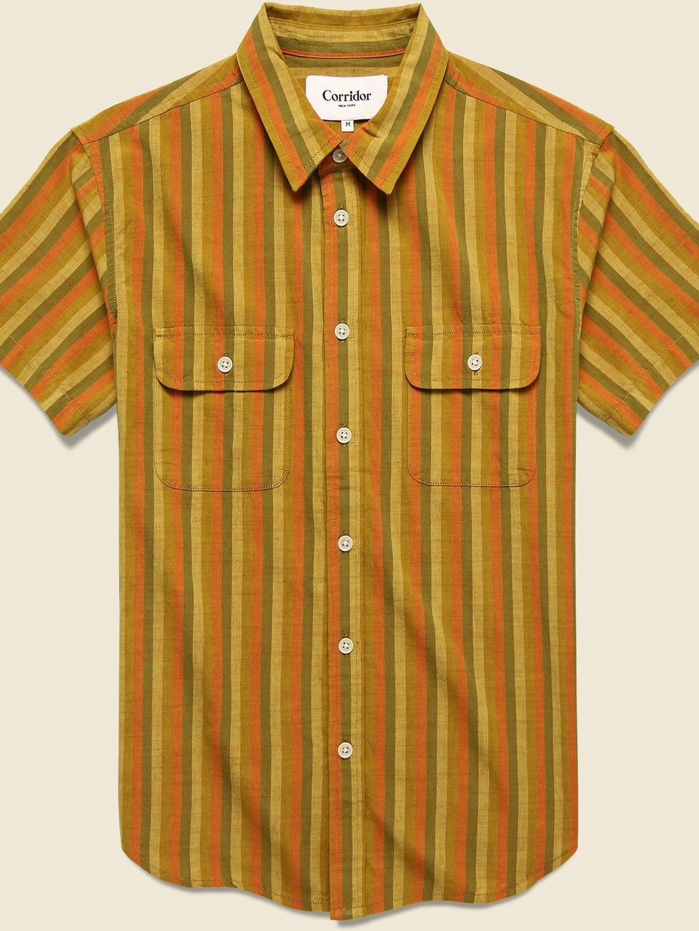 Men's Corridor brand Sunset Slub Stripe shirt in Mustard Stripes Size L